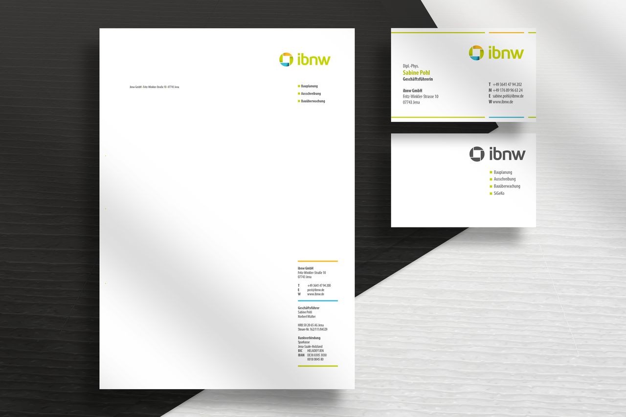 Geschäftsausstattung Corporate Design Geschäftsausstattung für ibnw: Briefpapier und Visitenkarten-Layout mit Logo, Kontaktangaben und Leistungsübersicht (Bauplanung, Ausschreibung, Bauüberwachung)