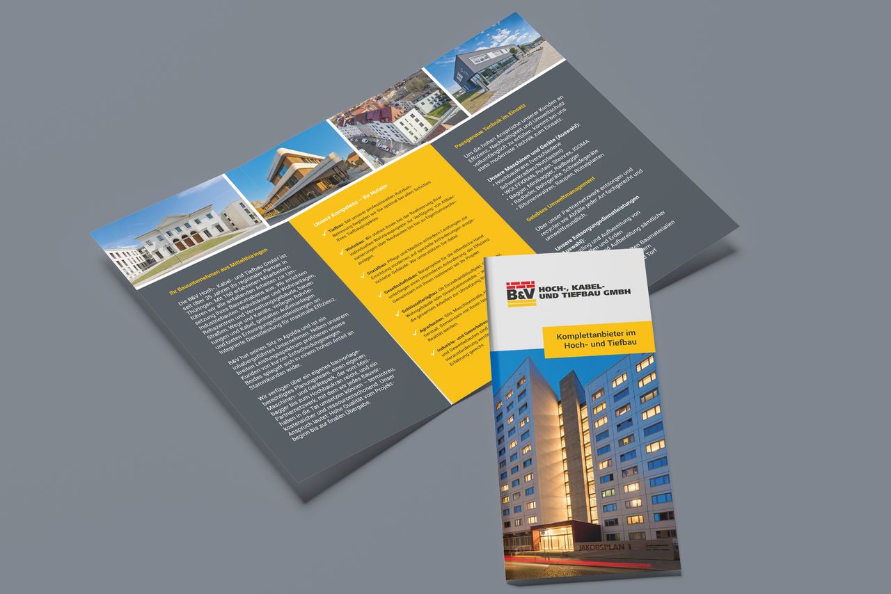 Imagefolder Corporate Design Folder für B&V Hoch-, Kabel- und Tiefbau GmbH – Klappflyer mit Leistungen und Projekten im Hoch- und Tiefbau