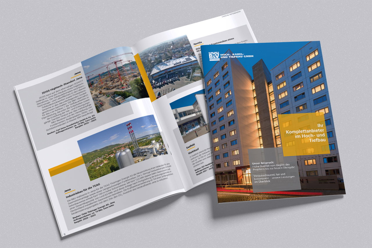 Imagebroschüre Imagebroschüre für B&V Hoch-, Kabel- und Tiefbau GmbH – Referenzen, Projekte und Unternehmensprofil im Hoch- und Tiefbau