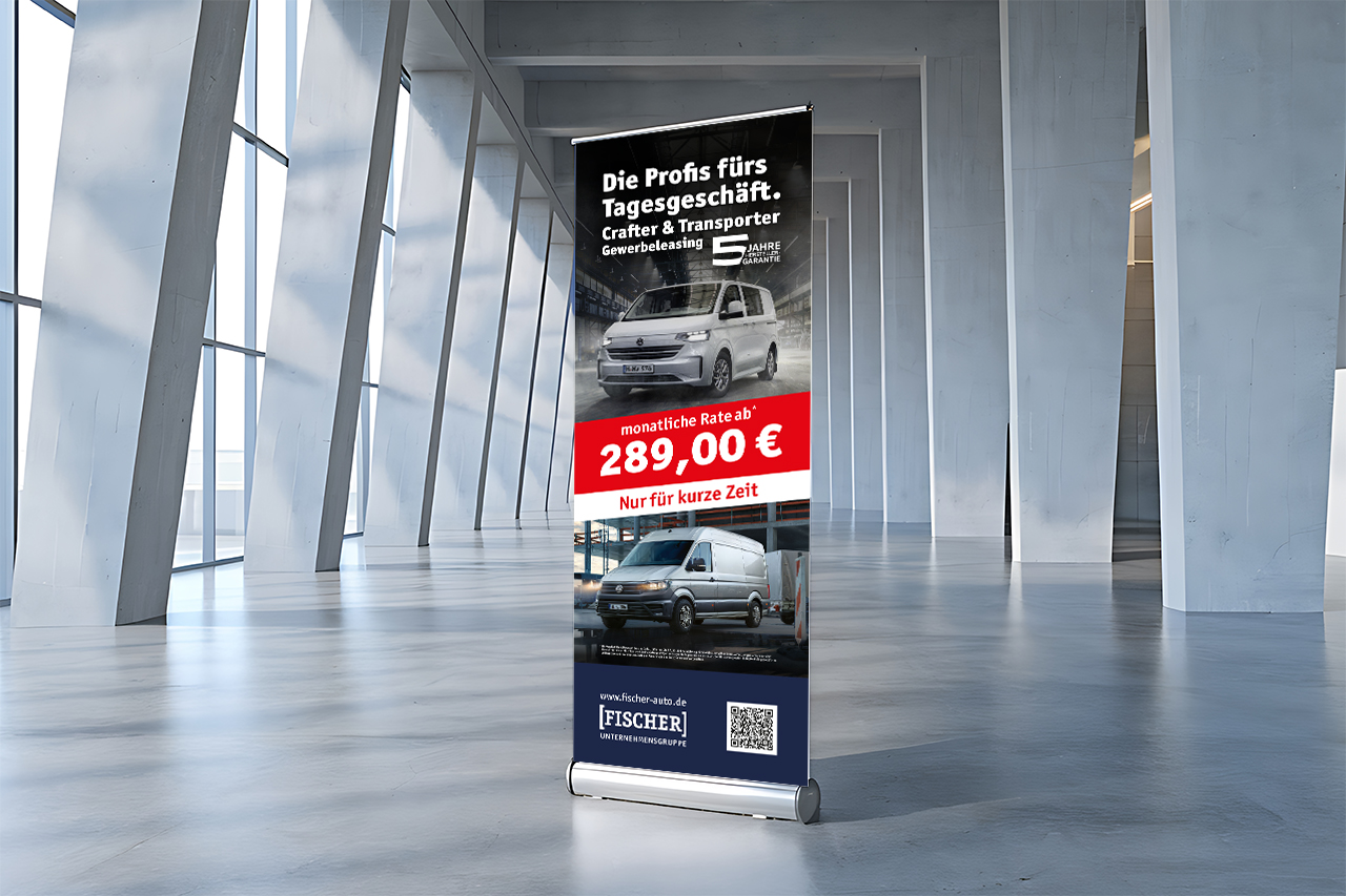 Rollup Roll-up Design für Fischer Auto Unternehmensgruppe: Gewerbeleasing für VW Crafter & Transporter (ab 289 €)